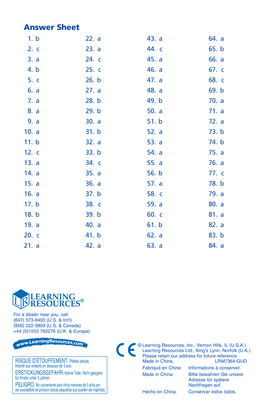 Learning Resources LER 7364 manual Answer Sheet 