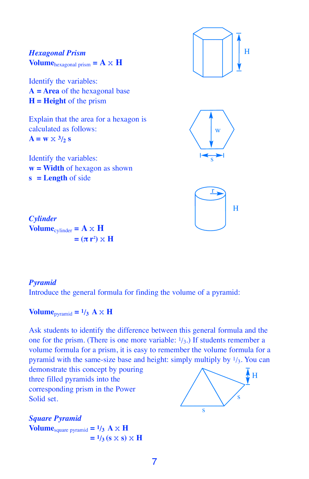 Learning Resources LER 7630 manual Hexagonal Prism a H, Cylinder a H, Square Pyramid 