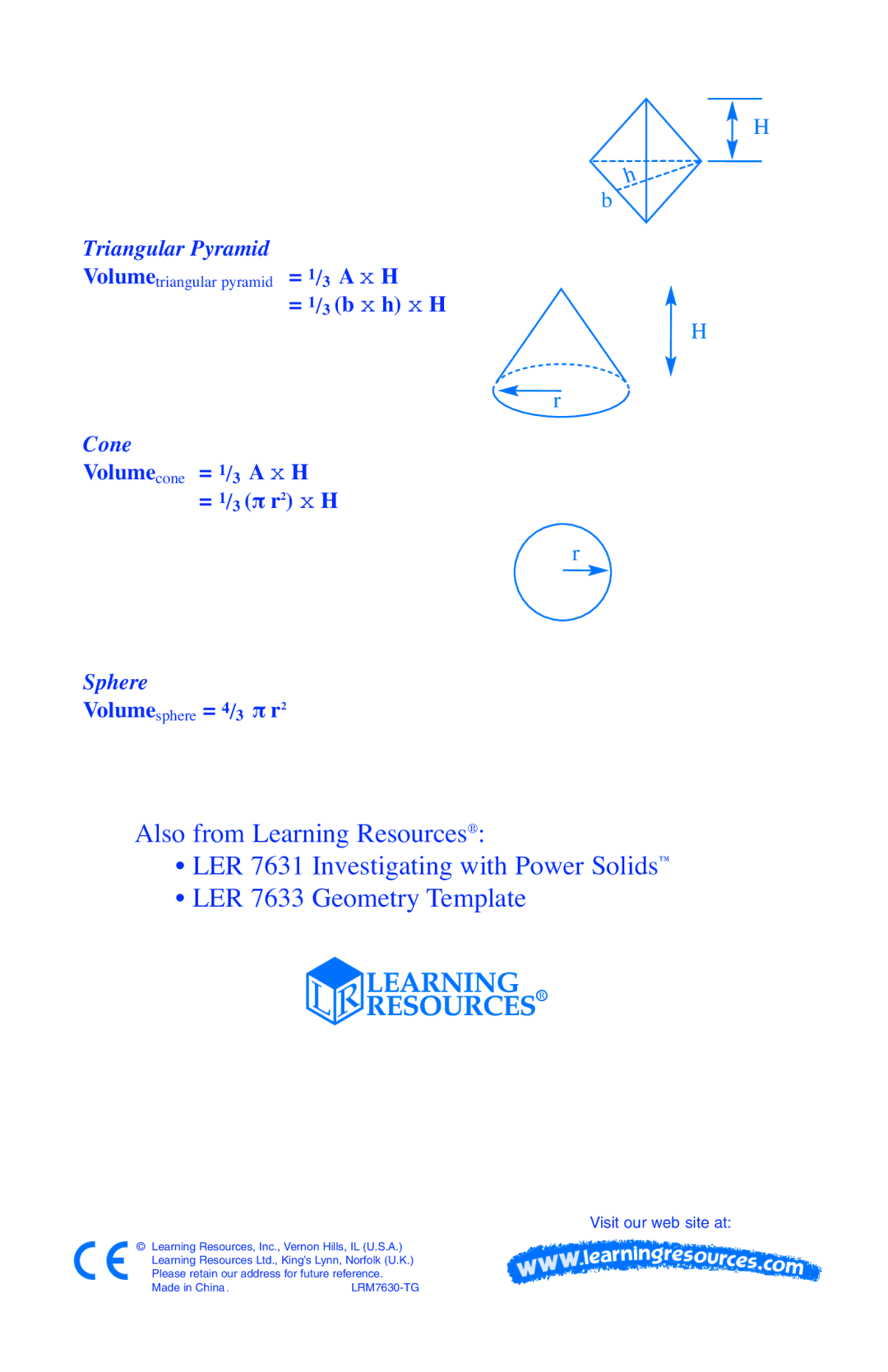 Learning Resources LER 7630 manual Triangular Pyramid = 1/3, Cone = 1/3 Volumecone, Sphere 