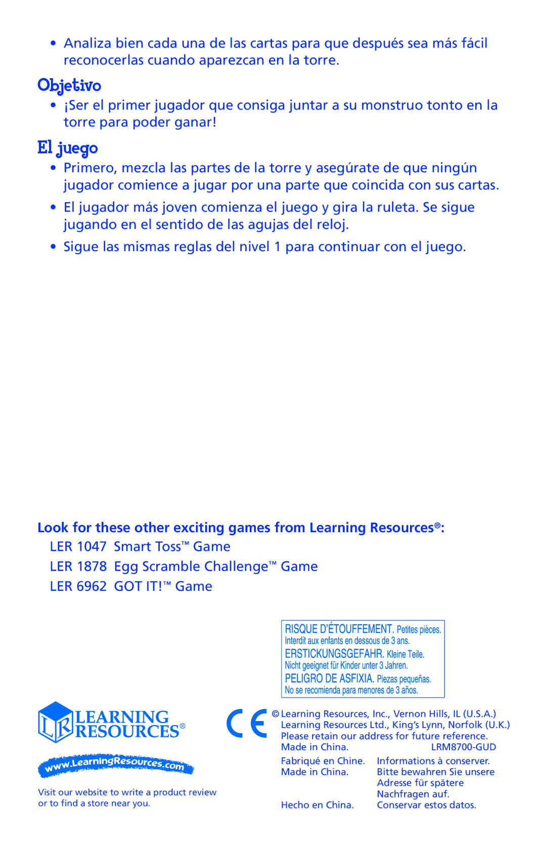 Learning Resources LER 8700 manual Look for these other exciting games from Learning Resources 