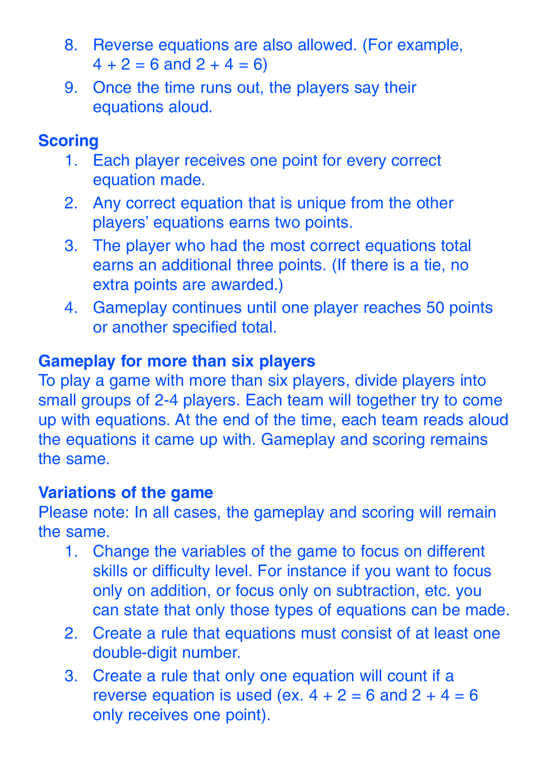 Learning Resources LER 8898 manual Scoring, Gameplay for more than six players, Variations of the game 