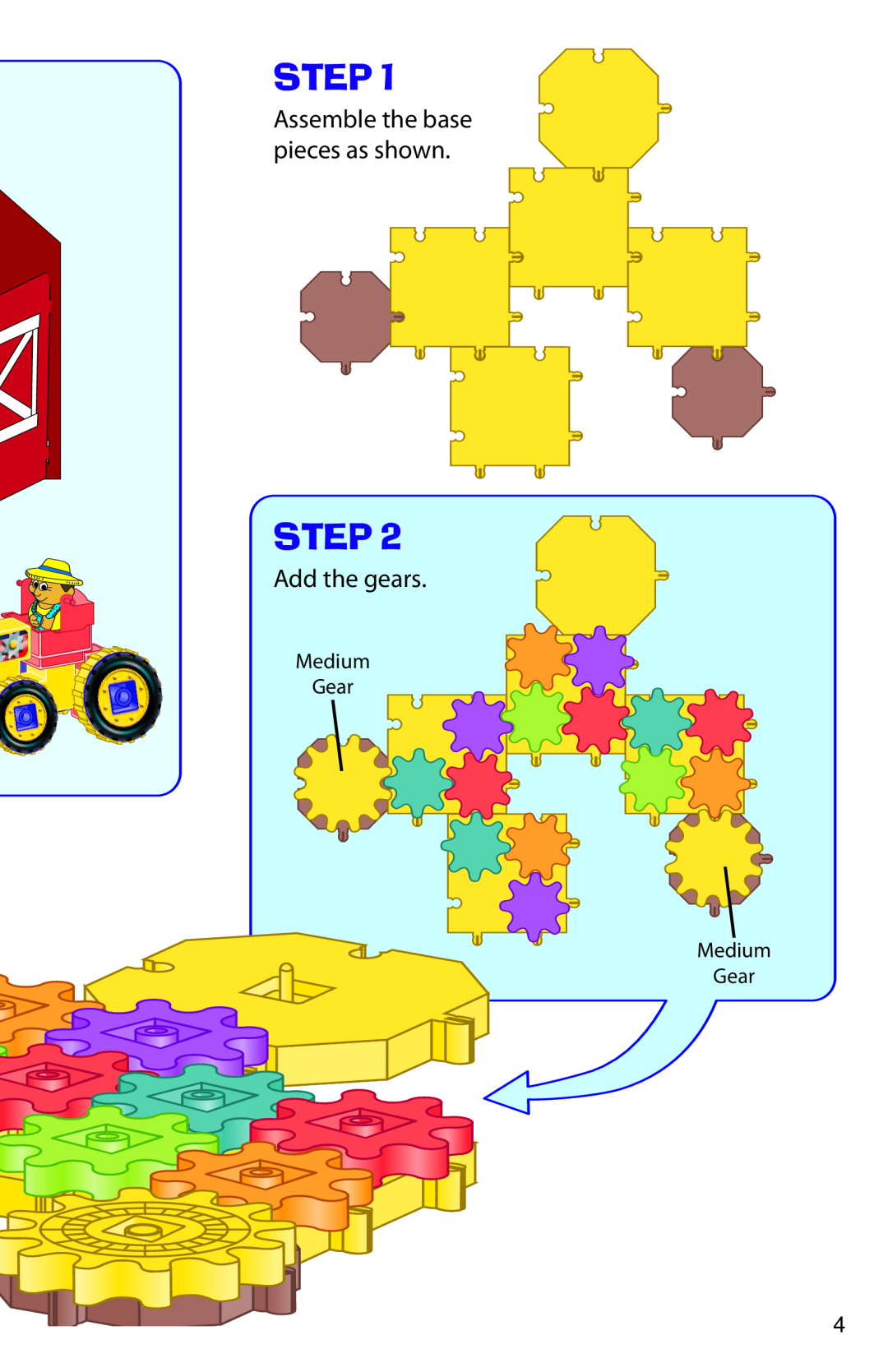 Learning Resources LER 9211 manual Step, Add the gears, Assemble the base pieces as shown, Medium Gear Medium Gear 