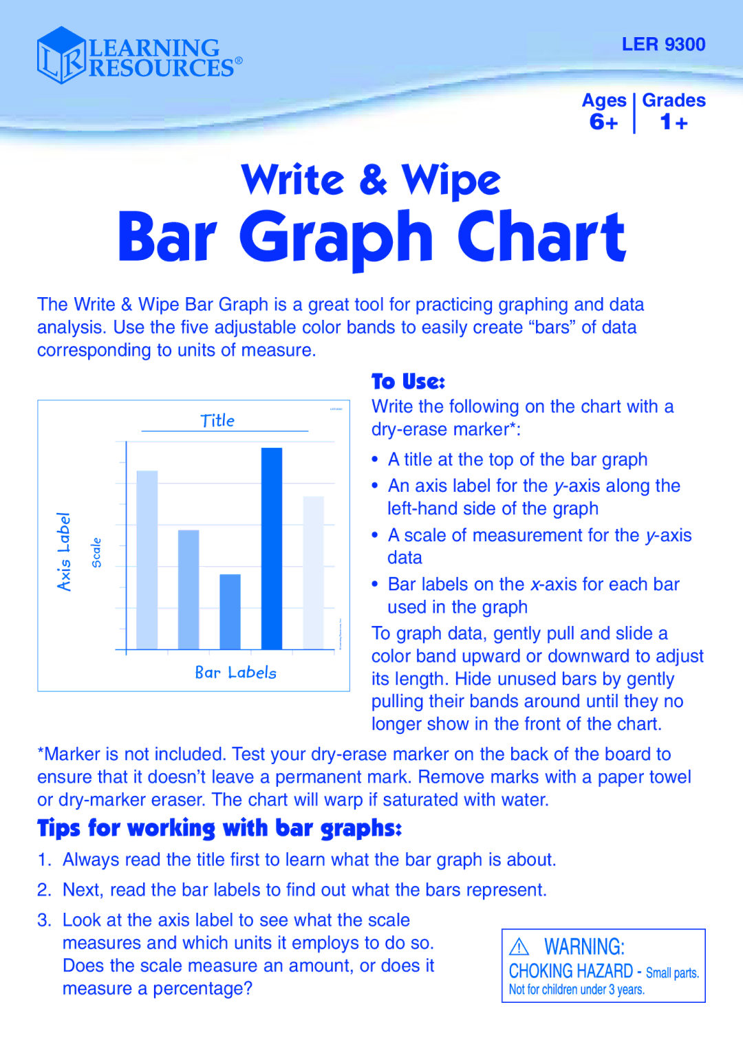 Learning Resources LER 9300 manual Bar Graph Chart, Tips for working with bar graphs, To Use, LER Ages Grades 