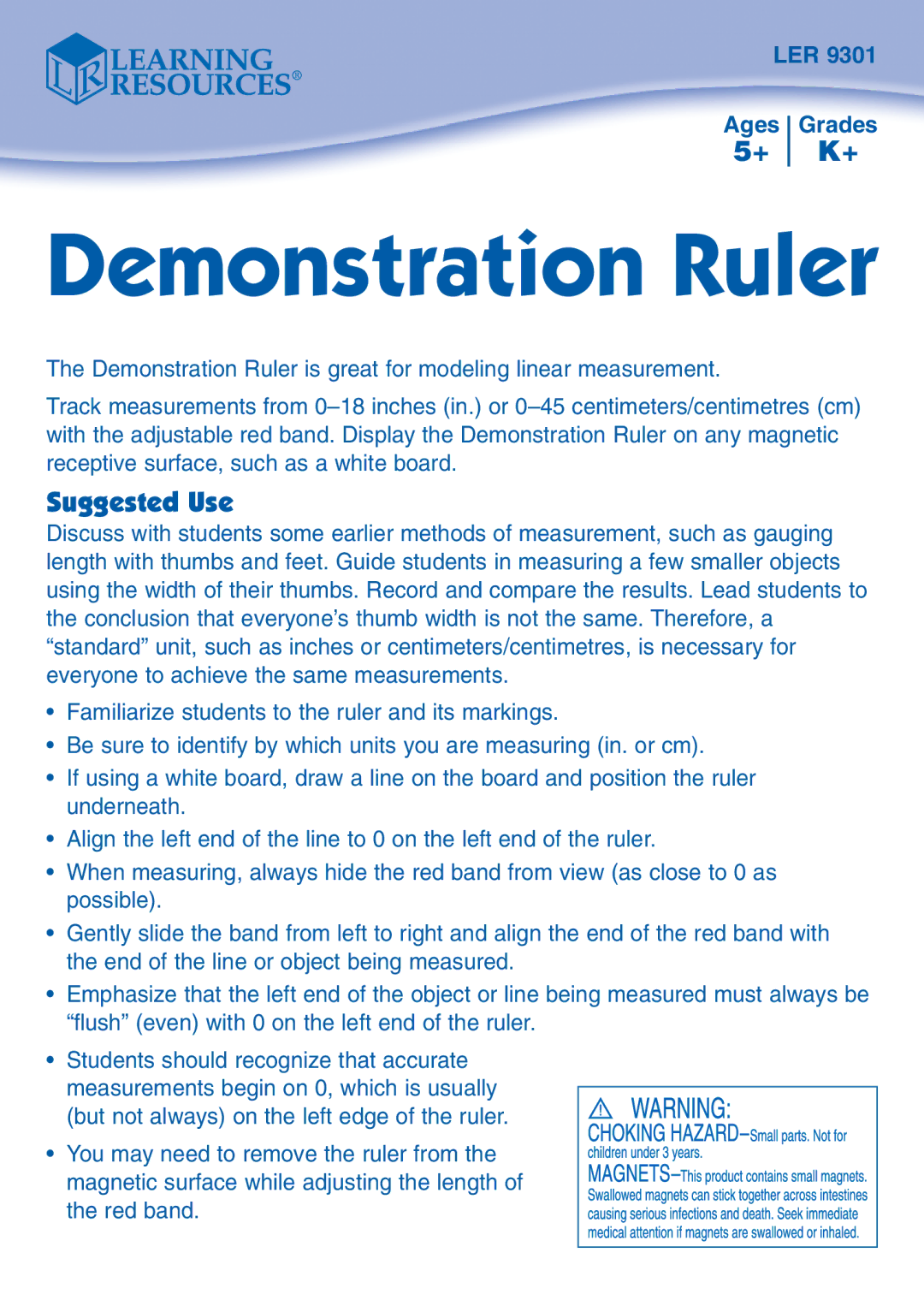 Learning Resources LER 9301 manual Demonstration Ruler, Suggested Use 