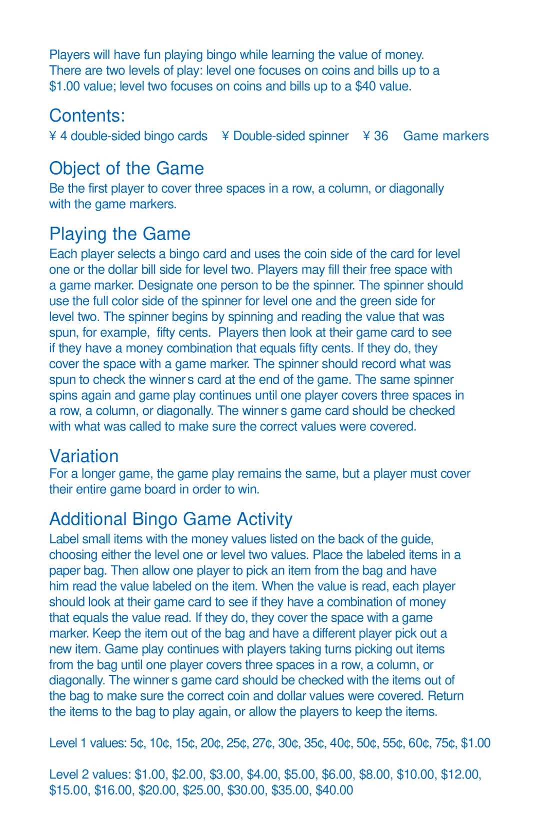 Learning Resources LER 9516 Contents, Object of the Game, Playing the Game, Variation, Additional Bingo Game Activity 