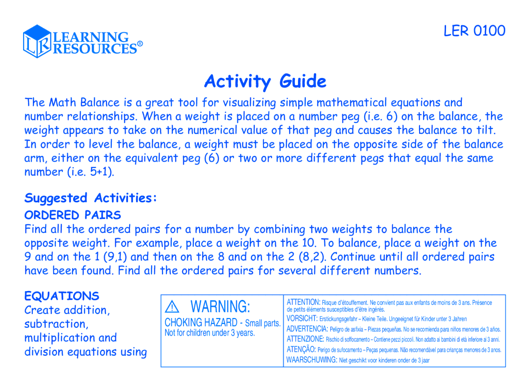 Learning Resources LER0100 manual Suggested Activities, Ordered Pairs, Equations 