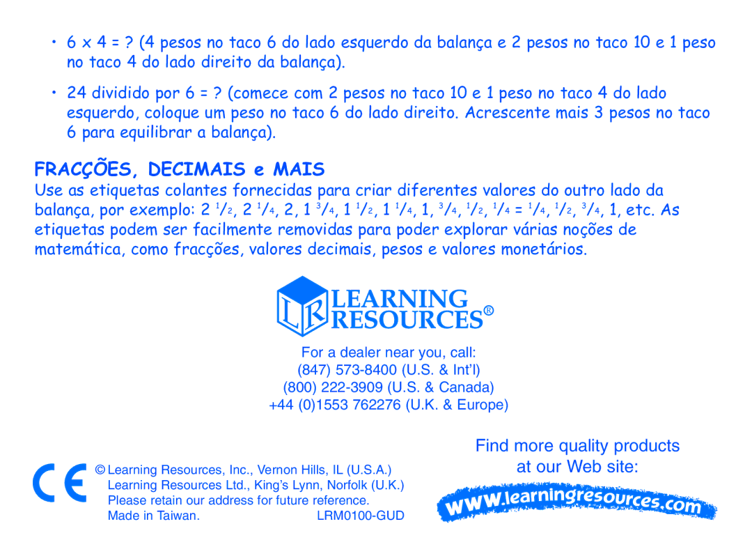 Learning Resources LER0100 manual FRACÇÕES, Decimais e Mais 