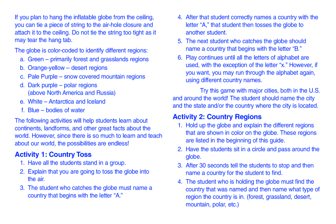 Learning Resources LER1811 manual Activity 1 Country Toss, Activity 2 Country Regions 