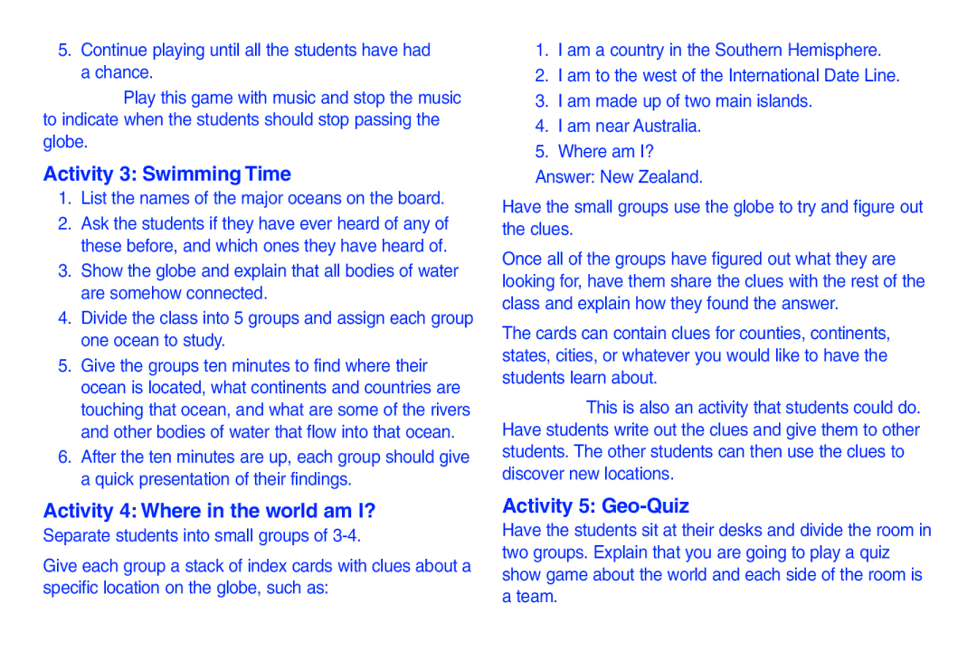 Learning Resources LER1811 manual Activity 3 Swimming Time, Activity 4Where in the world am I?, Activity 5 Geo-Quiz 