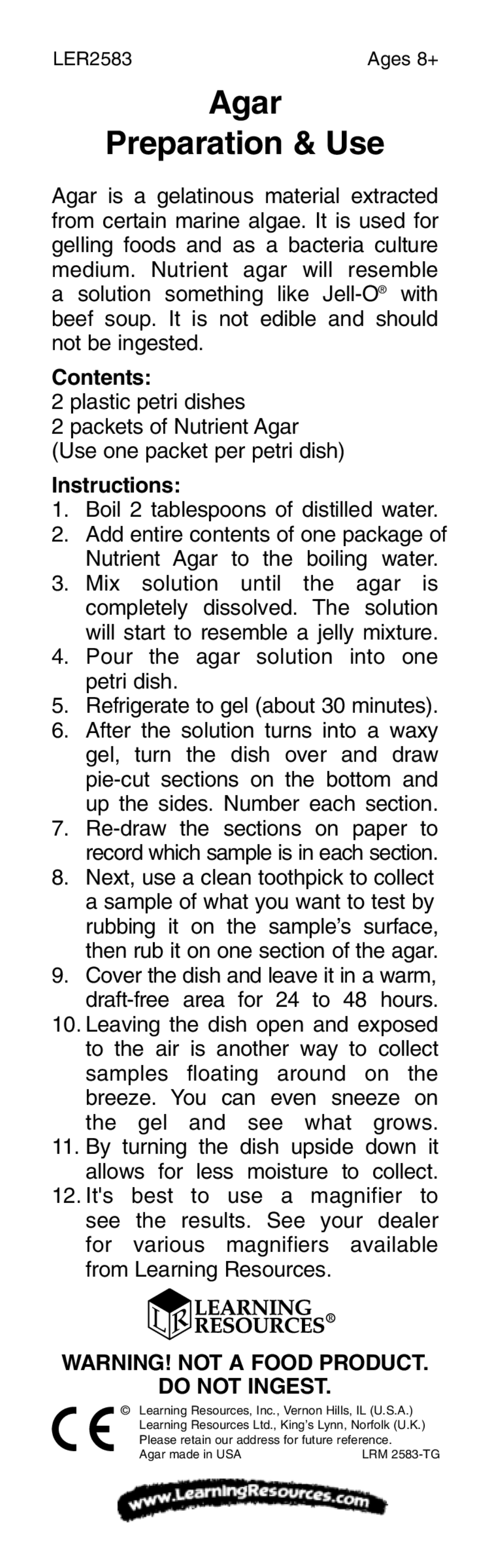 Learning Resources LER2583 manual Agar Preparation & Use, Contents, Instructions 