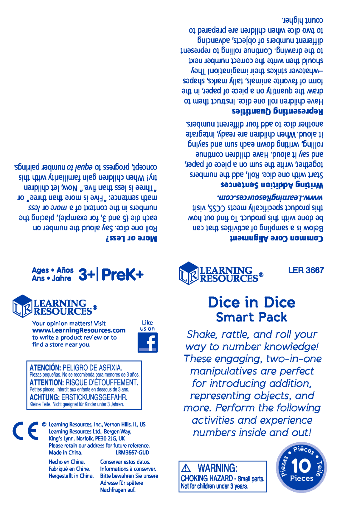 Learning Resources ler3667 manual Ans Jahre, Ages Años, 10 le, 3+ PreK+, Dice in Dice, Smart Pack, Pieces, iè c 
