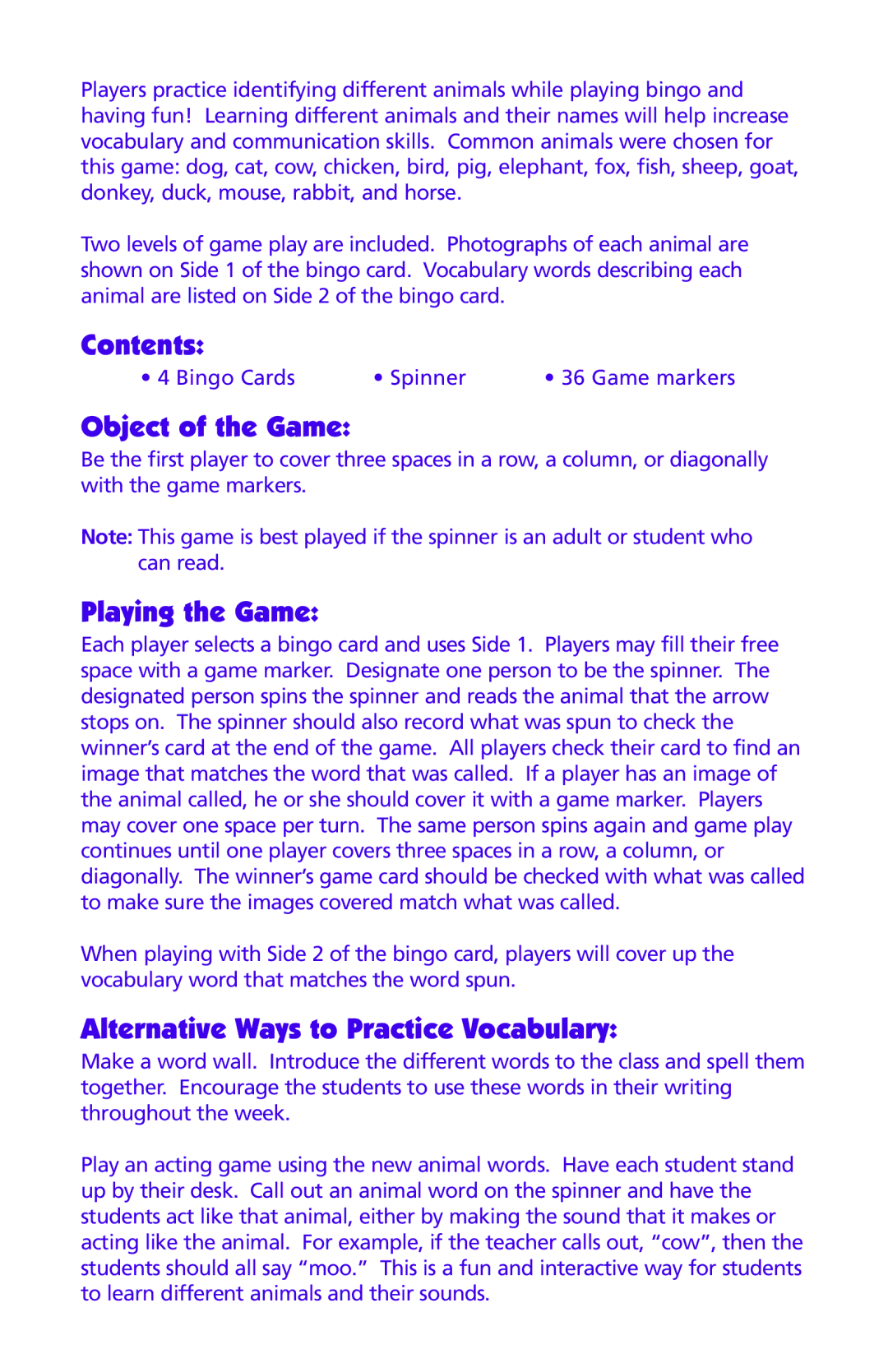 Learning Resources LER5994 manual Contents, Object of the Game, Playing the Game, Alternative Ways to Practice Vocabulary 