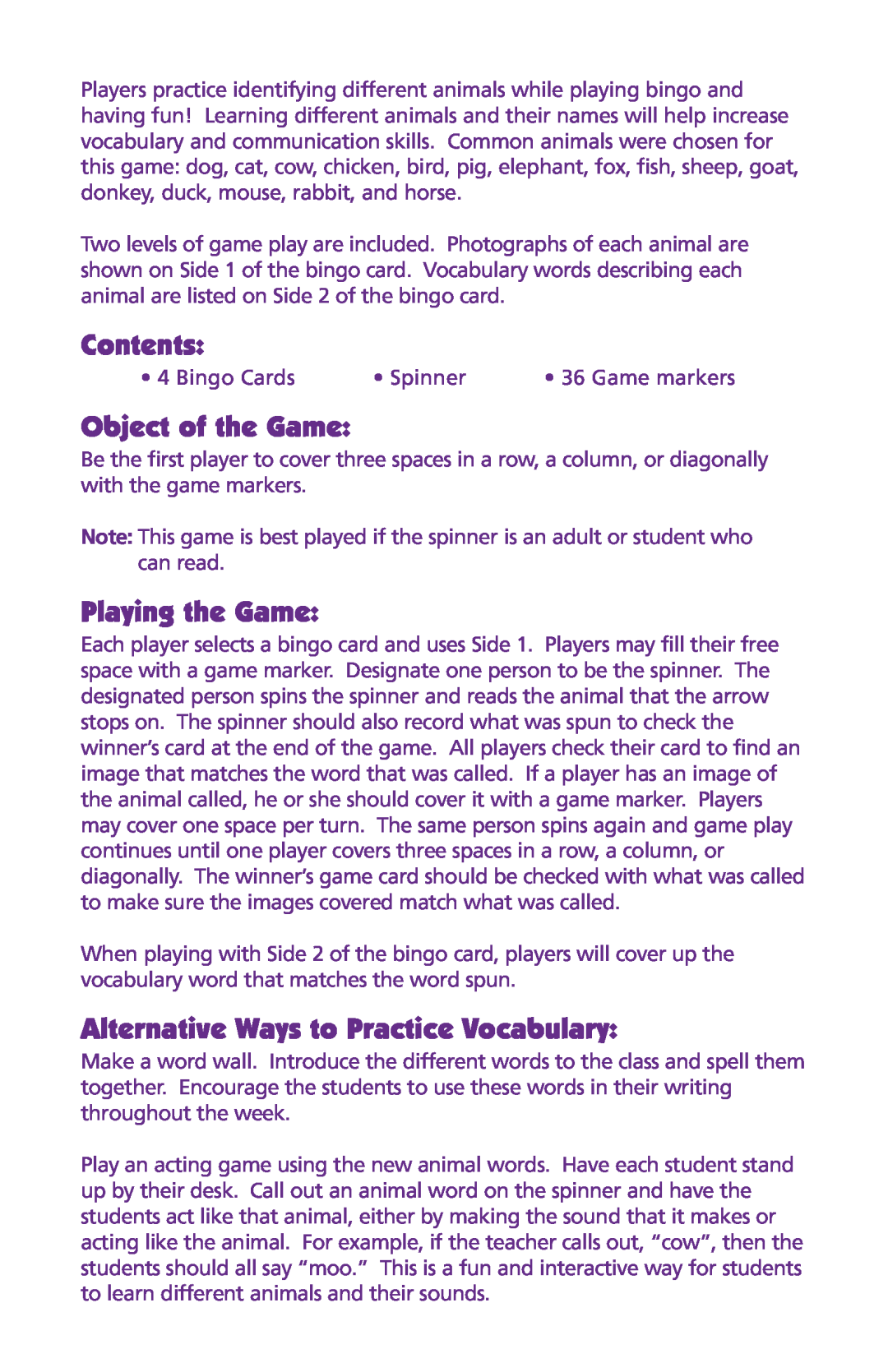 Learning Resources LER5994 manual Contents, Object of the Game, Playing the Game, Alternative Ways to Practice Vocabulary 