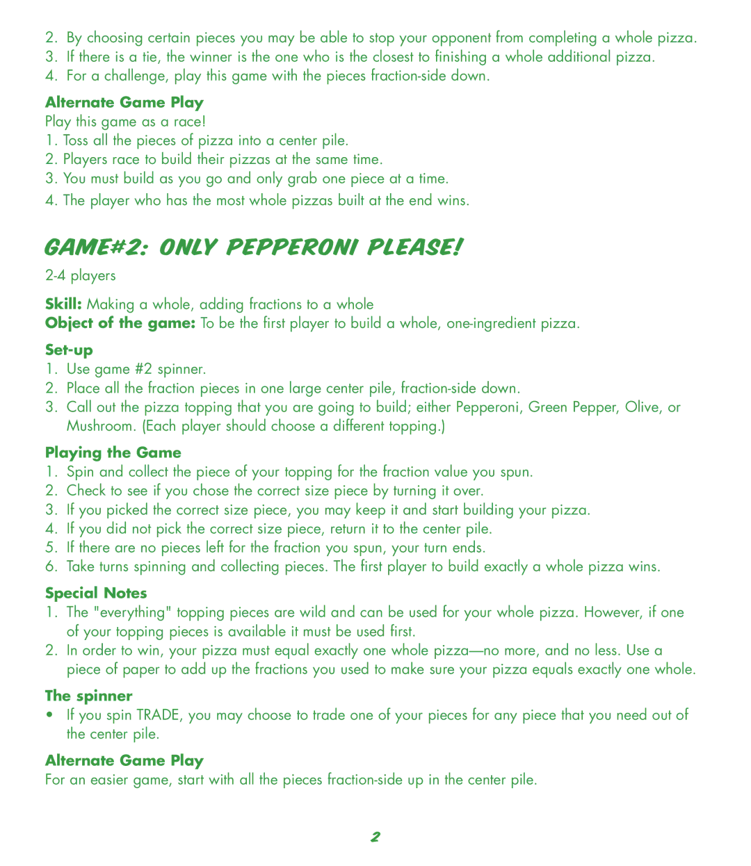 Learning Resources LSP 5061 - SBF manual Game#2 Only Pepperoni Please, Alternate Game Play, Set-up, Spinner 