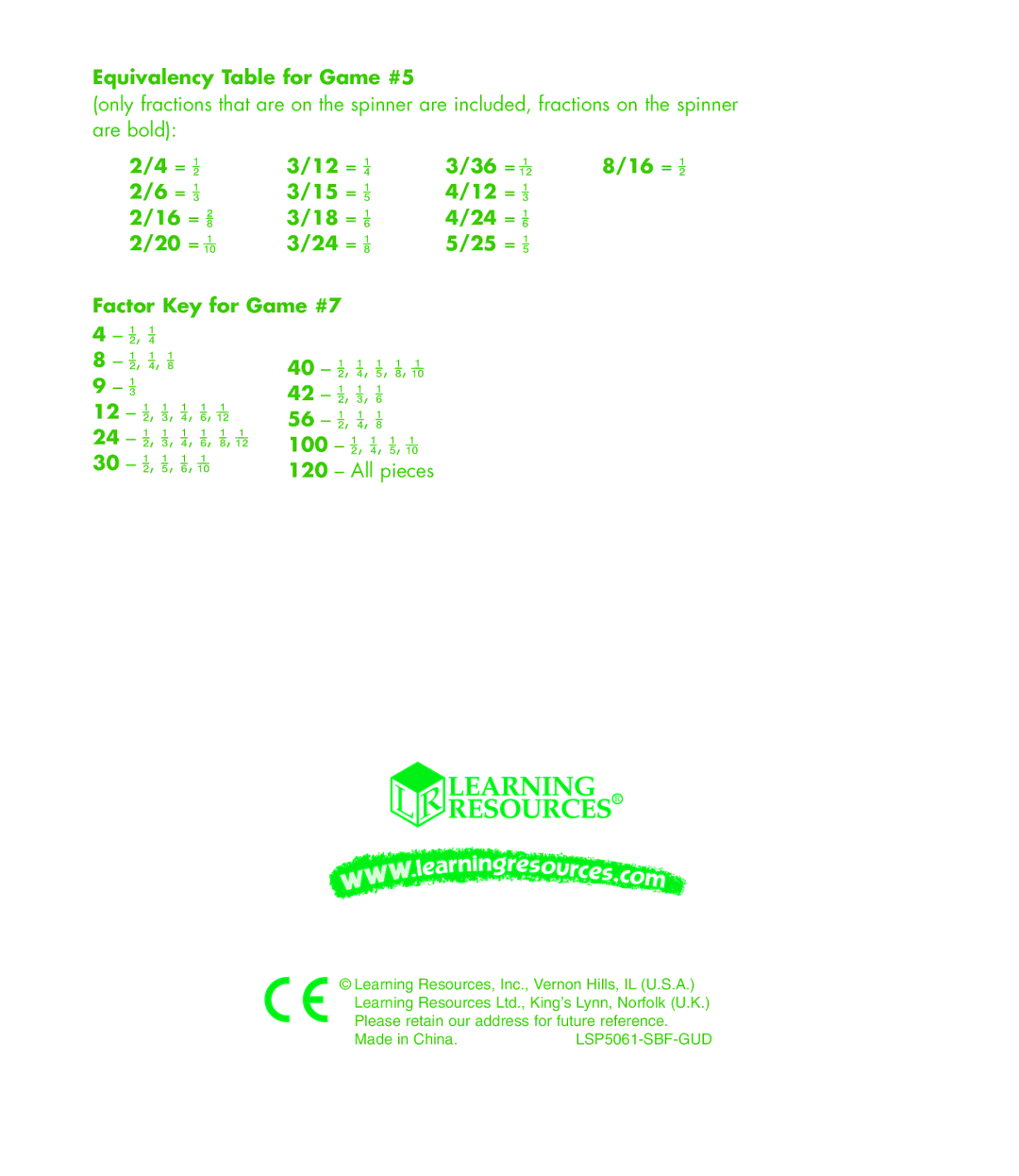 Learning Resources LSP 5061 - SBF manual Equivalency Table for Game #5, 12 =, 15 = 