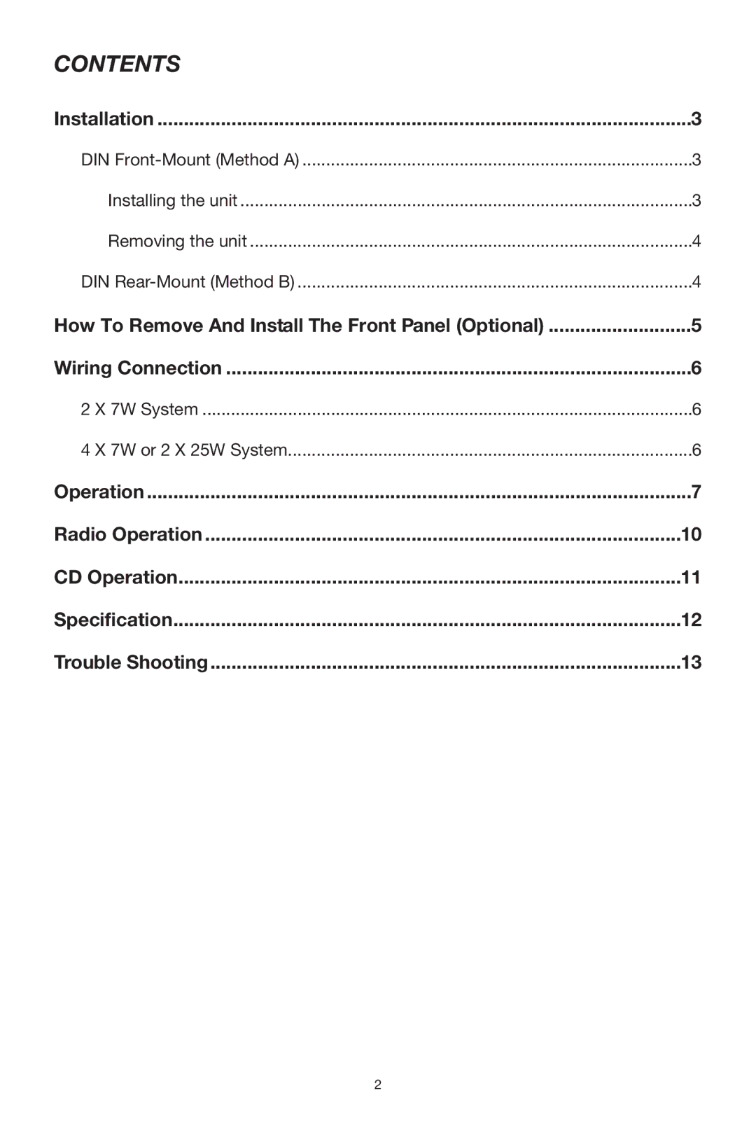 Legacy Car Audio Car CD Player owner manual Contents 