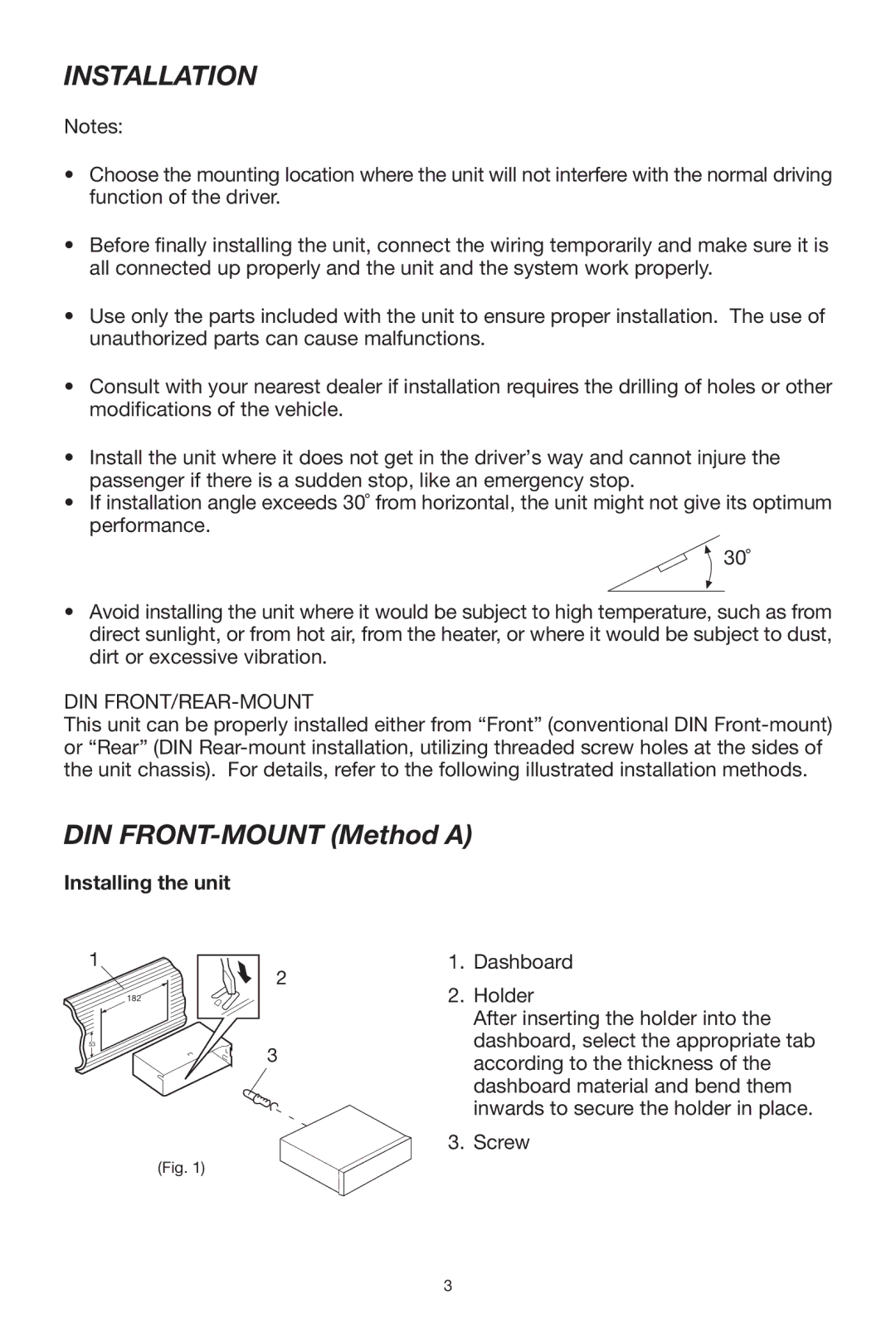 Legacy Car Audio Car CD Player owner manual Installation, Installing the unit 