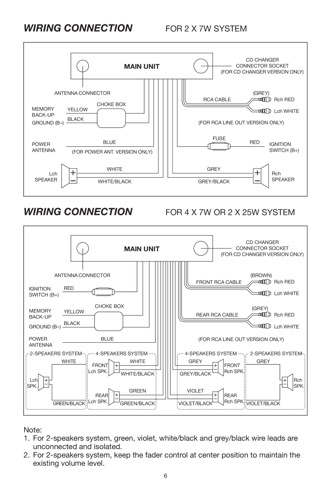 Legacy Car Audio Car CD Player owner manual Wiring Connection, For 2 X 7W System 