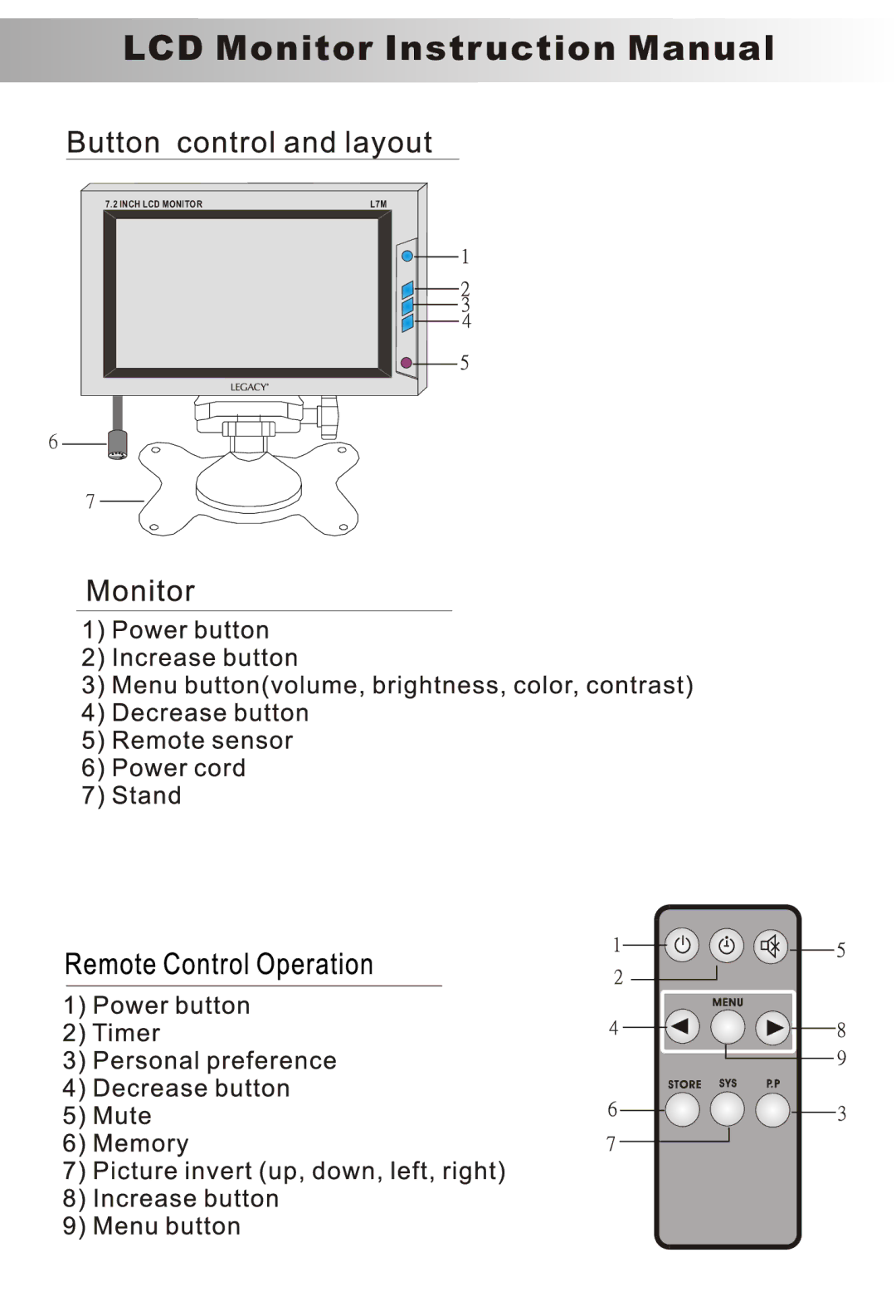 Legacy Car Audio manual Inch LCD Monitor L7M 