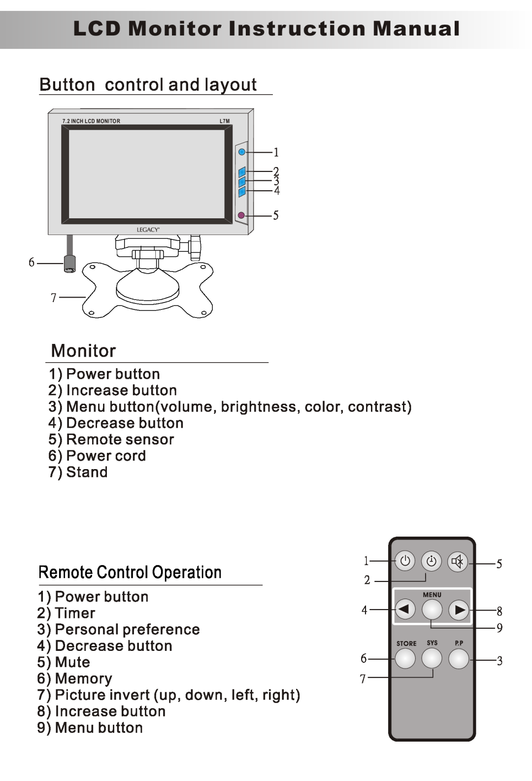 Legacy Car Audio L7M manual LCD Monitor Instruction Manual, Inch Lcd Monitor 