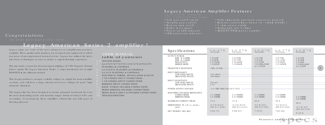 Legacy Car Audio LA-578, LA-478, LA-678, LA-1878, LA-1478, LA-778, LA-978, LA-2478, LA-878 Legacy American Series 2 amplifier 