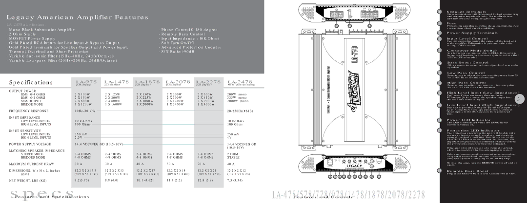 Legacy Car Audio LA-1878, LA-678, LA-578, LA-1478, LA-778, LA-978 LA-478/578/778/978/1478/1878/2078/2278Features and Controls 