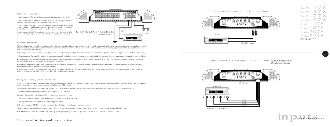 Legacy Car Audio LA-778, LA-478, LA-678, LA-578, LA-978, LA-2478, LA-878 warranty Inputs, LA-1478 LA-1878 LA-2078 LA-2278 