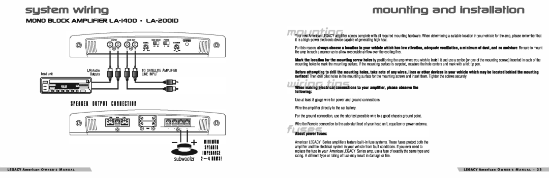 Legacy Car Audio LA-2389, LA-589, LA-789, LA-2889, LA-989, LA-689 manual Ll!!il!!l a, SListem wiring, Mounting and Installation 