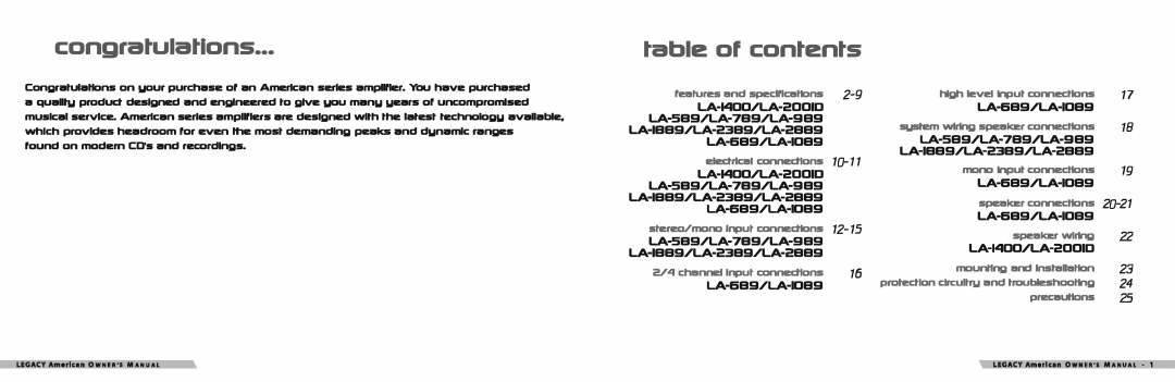 Legacy Car Audio LA-2889, LA-589, LA-789, LA-989, LA-2389, LA-689, LA-1889, LA-1089, LA-1400 Congratulations, Table of contents 