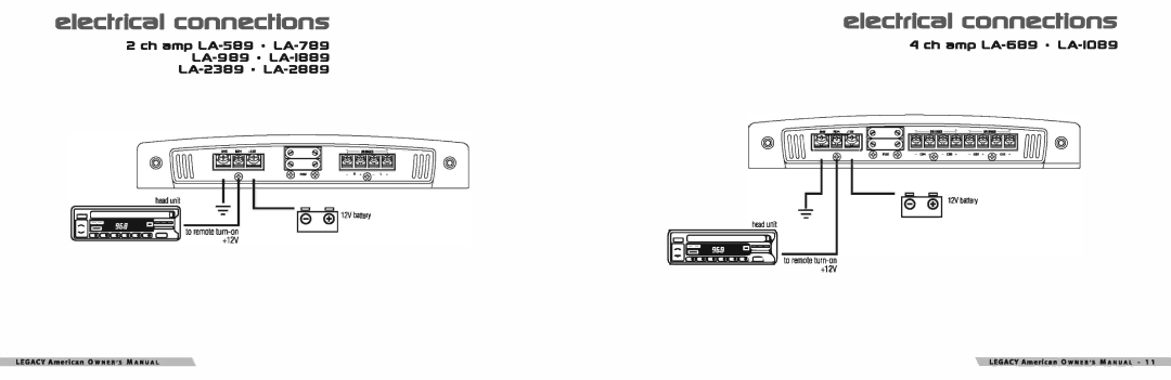 Legacy Car Audio LA-1089, LA-589, LA-789, LA-2889, LA-989, LA-2389 manual Le G1 1 2V battery, Electrical connections, SI lI!r-mI 