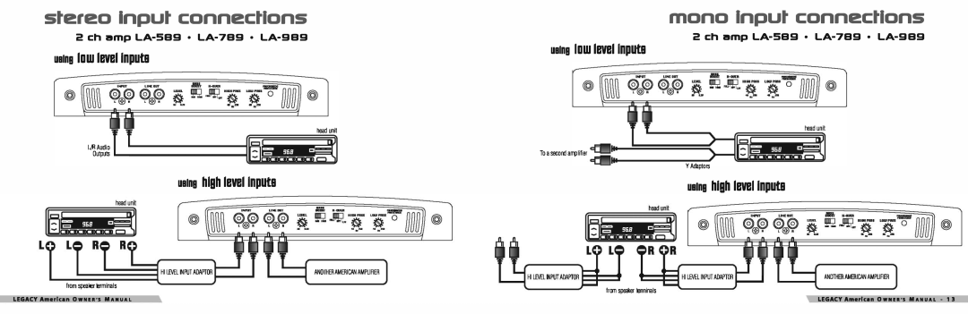 Legacy Car Audio LA-1400 Stereo Input connections, Mono Input connections, Dalng low IBVBlinput!l, Dalng high IBVBlinput!l 