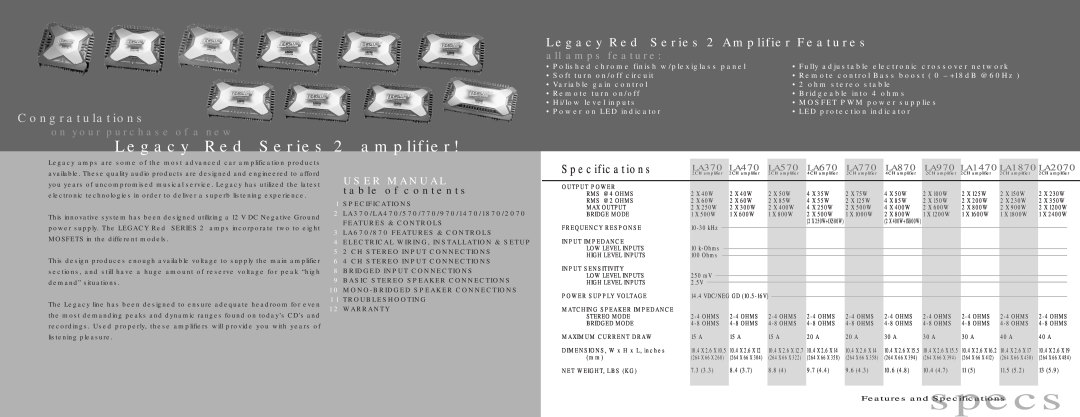 Legacy Car Audio L A 6 7 0 specs, Legacy Red Series 2 amplifier, Congratulations, Legacy Red Series 2 Amplifier Features 