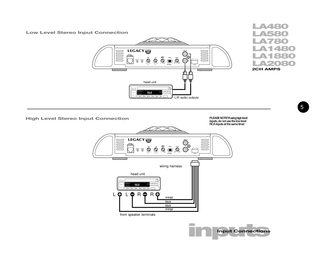 Legacy Car Audio LA1880 Low Level Stereo Input Connection, High Level Stereo Input Connection, InputsInput Connections 