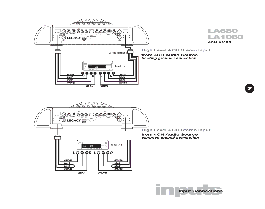 Legacy Car Audio LA480, LA580, LA2080, LA680, LA780, LA1480, LA1080, LA1880 High Level 4 CH Stereo Input, From 4CH Audio Source 