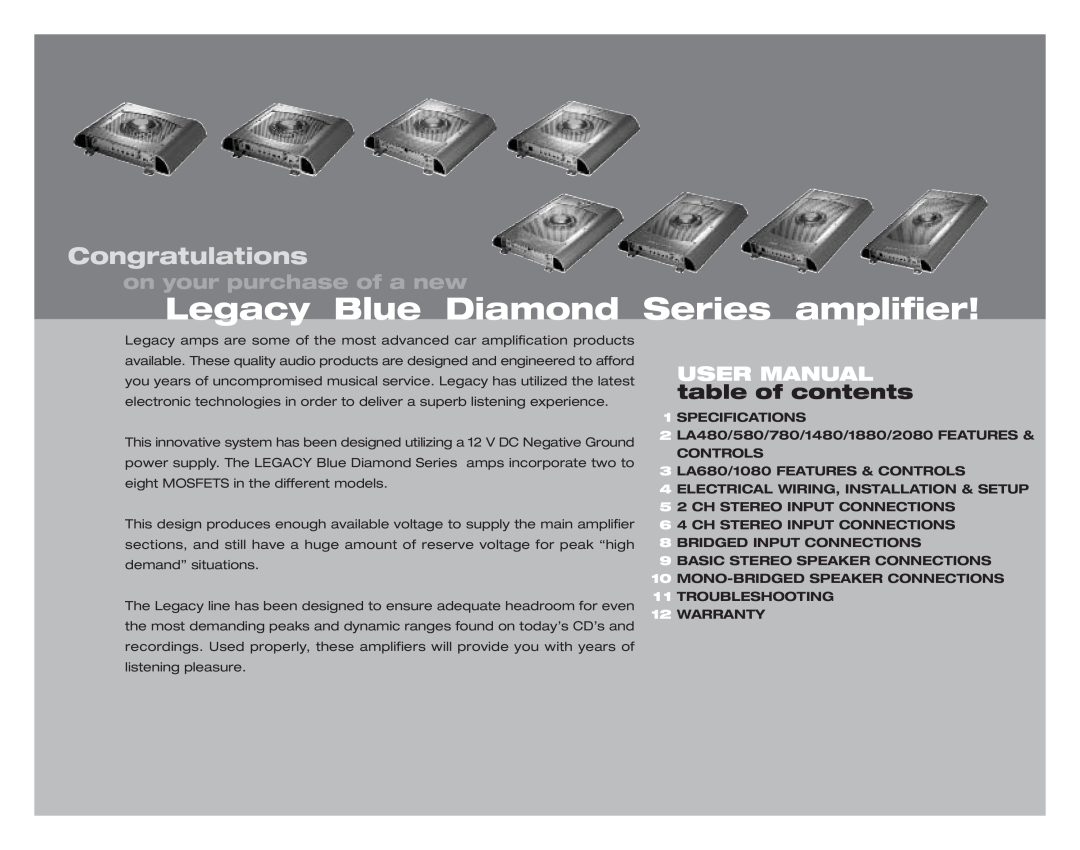 Legacy Car Audio LA2080, LA580, LA480 manual Legacy Blue Diamond Series amplifier, Congratulations, on your purchase of a new 