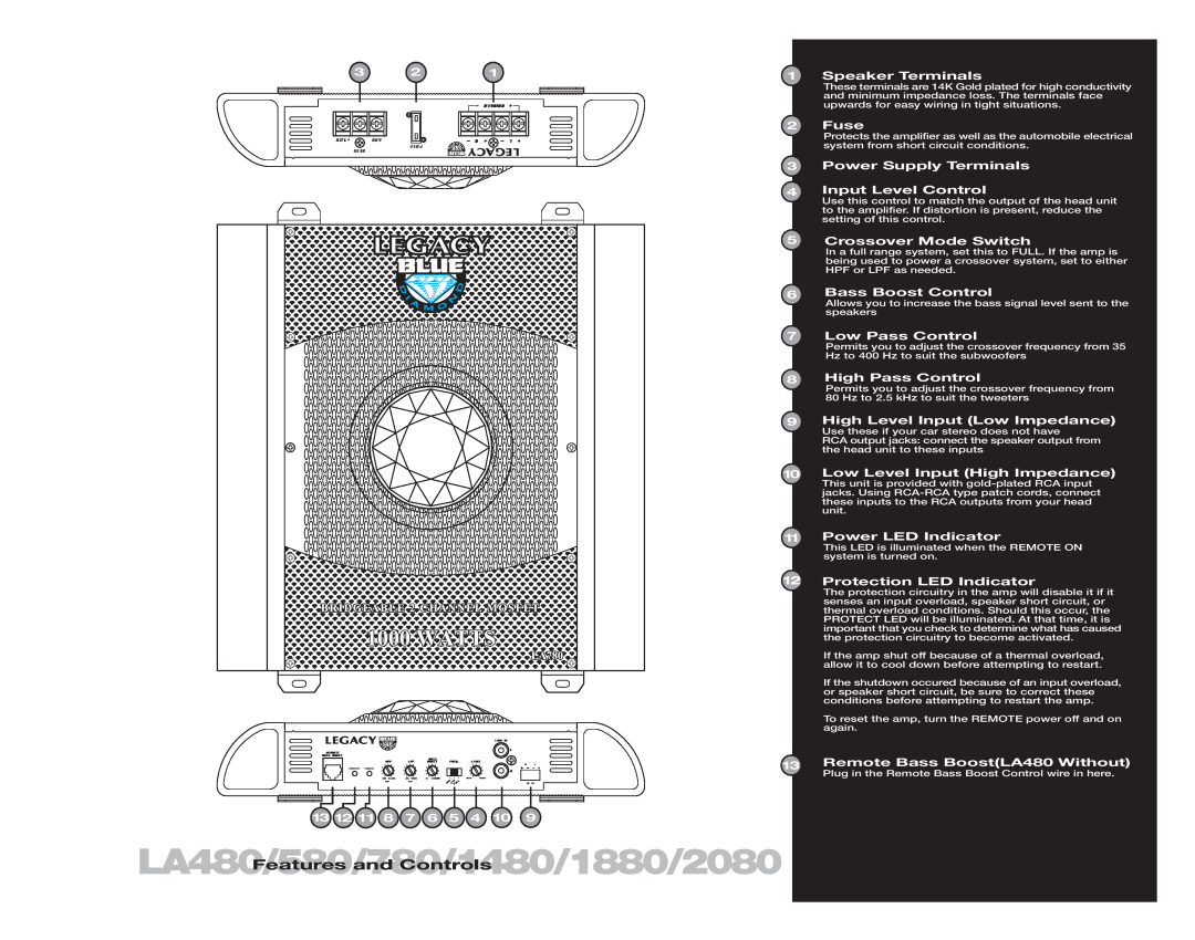 Legacy Car Audio LA780, LA580, LA2080, LA680, LA1480, LA1080, LA1880 manual LA480/580/780/1480/1880/2080Features and Controls 