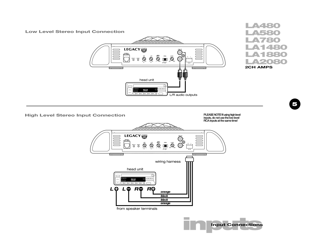 Legacy Car Audio LA680 LA480 LA580 LA780 LA1480 LA1880 LA2080, L L R R, Low Level Stereo Input Connection, 2CH AMPS 