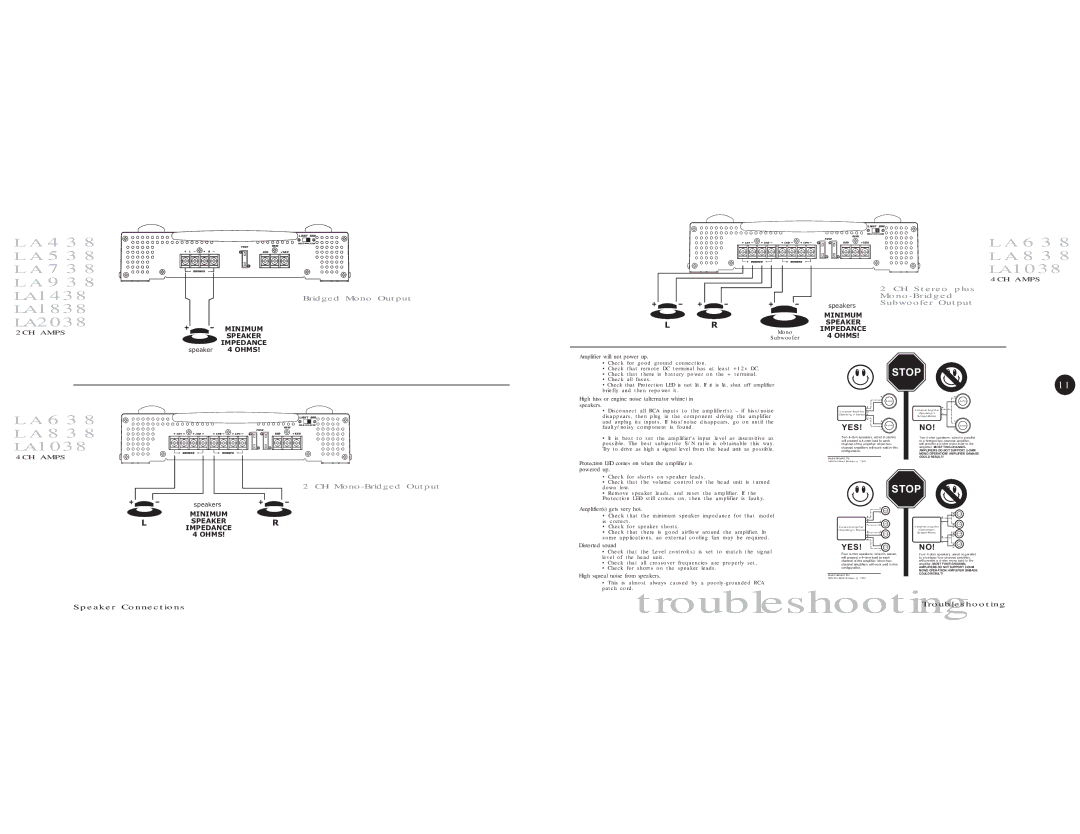 Legacy Car Audio LA1438, LA838 Bridged Mono Output, CH Stereo plus Mono-Bridged Subwoofer Output, CH Mono-Bridged Output 