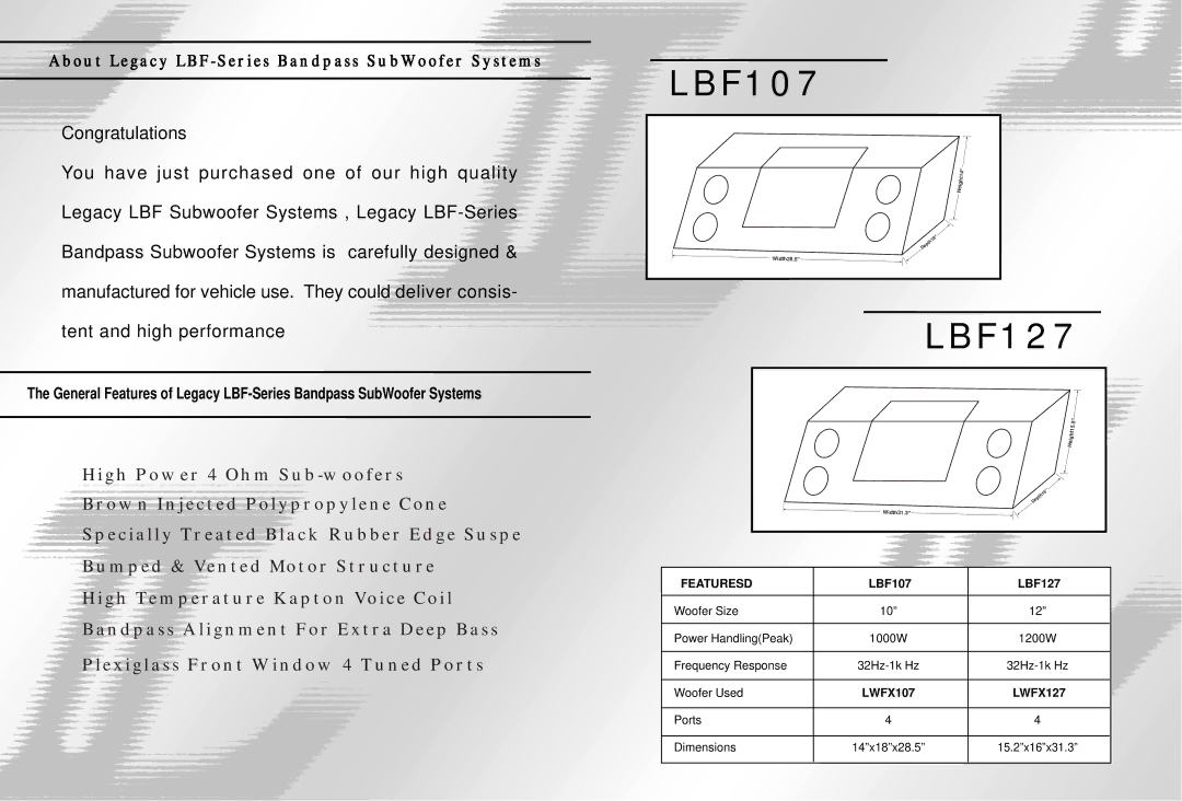 Legacy Car Audio specifications Featuresd, LBF107 LBF127 