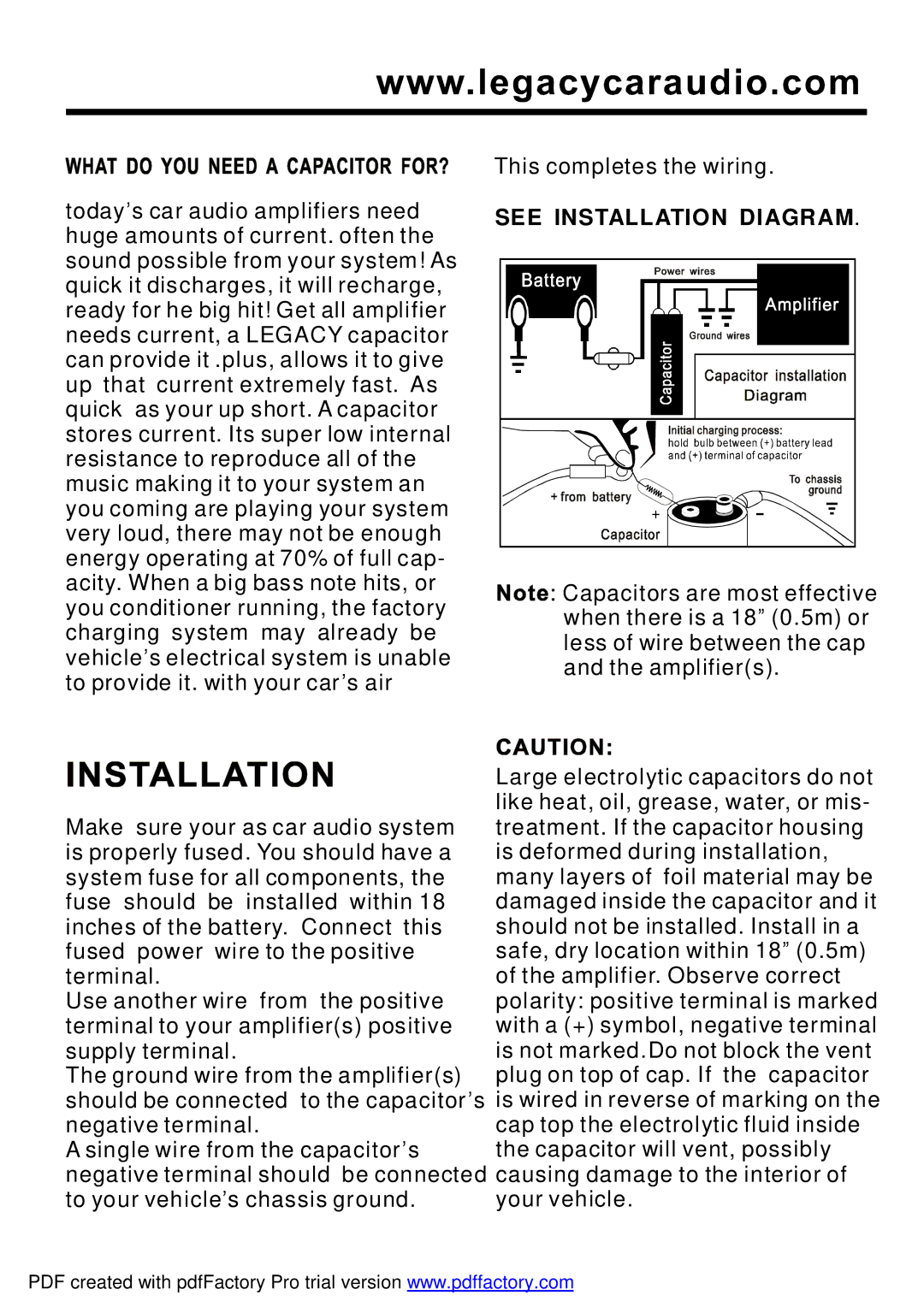 Legacy Car Audio LCA Series manual See Installation Diagram 