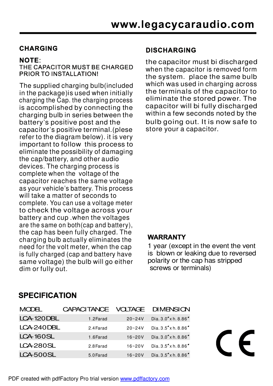 Legacy Car Audio LCA Series manual Model Capacitance Voltage Dimension LCA-120DBL, LCA-240DBL 