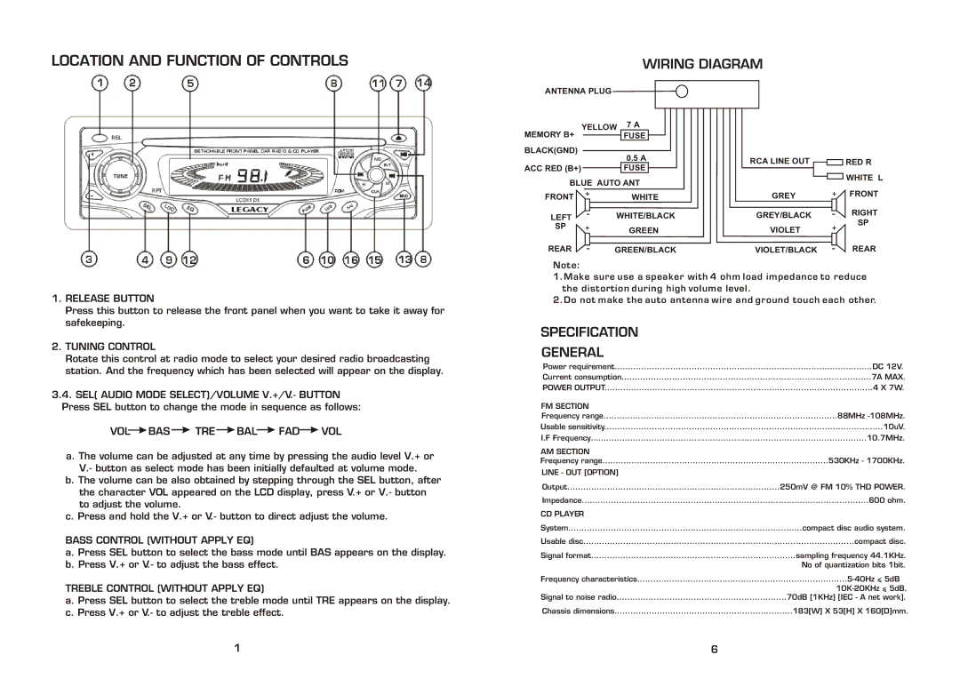 Legacy Car Audio LCD15DX Location and Function of Controls, Release Button, Tuning Control, Bass Control Without Apply EQ 