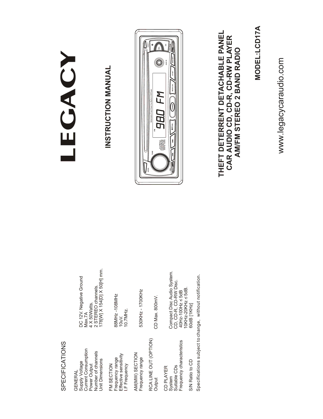 Legacy Car Audio LCD17A specifications Legacy 