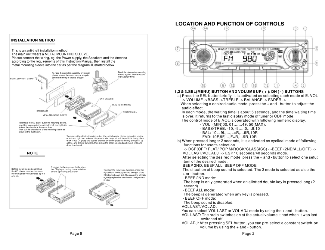 Legacy Car Audio LCD18M Location and Function of Controls, Installation Method, Beep 2ND, Beep ALL, Beep OFF Mode 