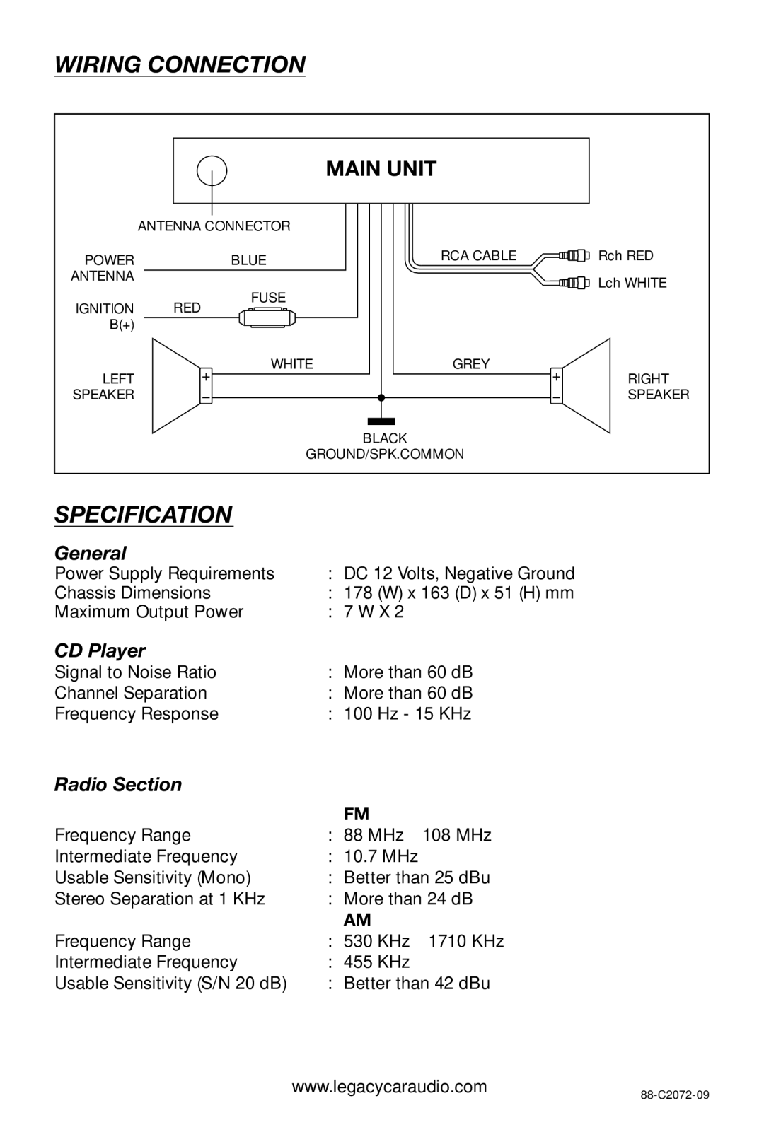 Legacy Car Audio LCD36 owner manual Wiring Connection, Specification 