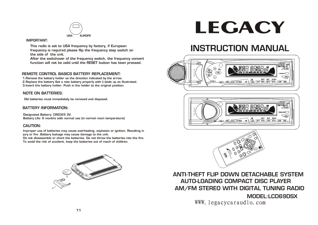 Legacy Car Audio LCD69DSX instruction manual Remote Control Basics Battery Replacement, Battery Information 