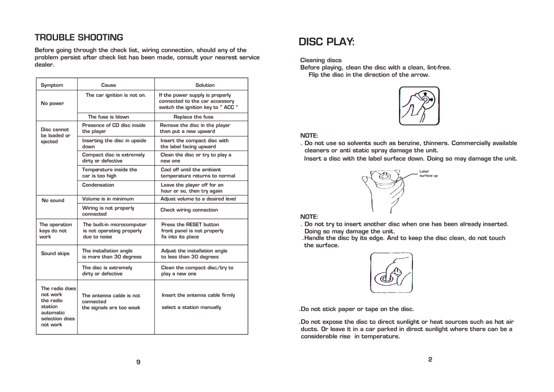 Legacy Car Audio LCD69DSX instruction manual Disc Play, Trouble Shooting 