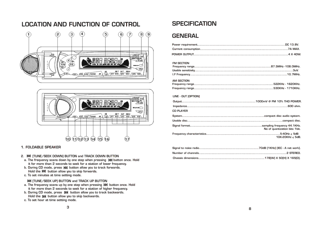 Legacy Car Audio LCD69DSX instruction manual Location and Function of Control, Specification, Foldable Speaker 