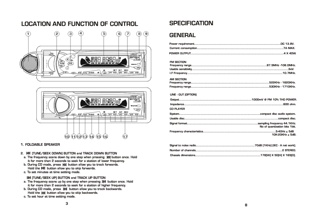 Legacy Car Audio LCD69DSX instruction manual Location And Function Of Control, Specification, General 