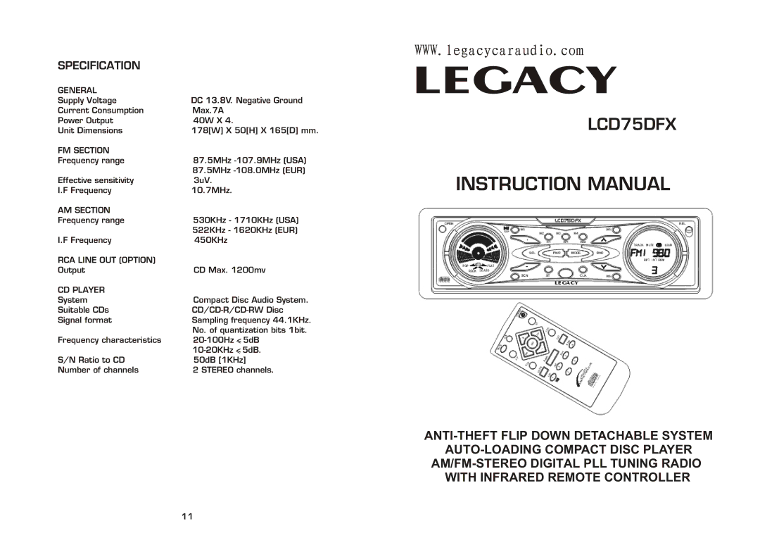 Legacy Car Audio LCD75DFX instruction manual Specification, General 